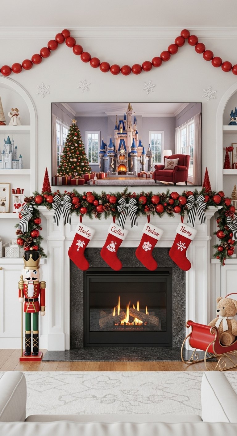 Cheminée de Noel décorée sur un thème magique avec chaussettes