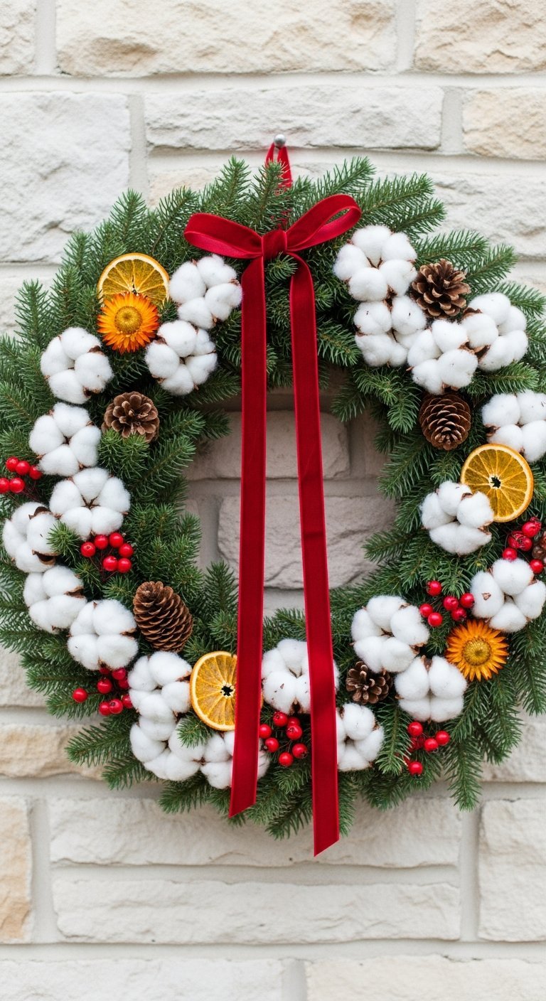 Couronne de Noel moderne avec fleurs de coton pommes de pin et ruban en velours rouge
