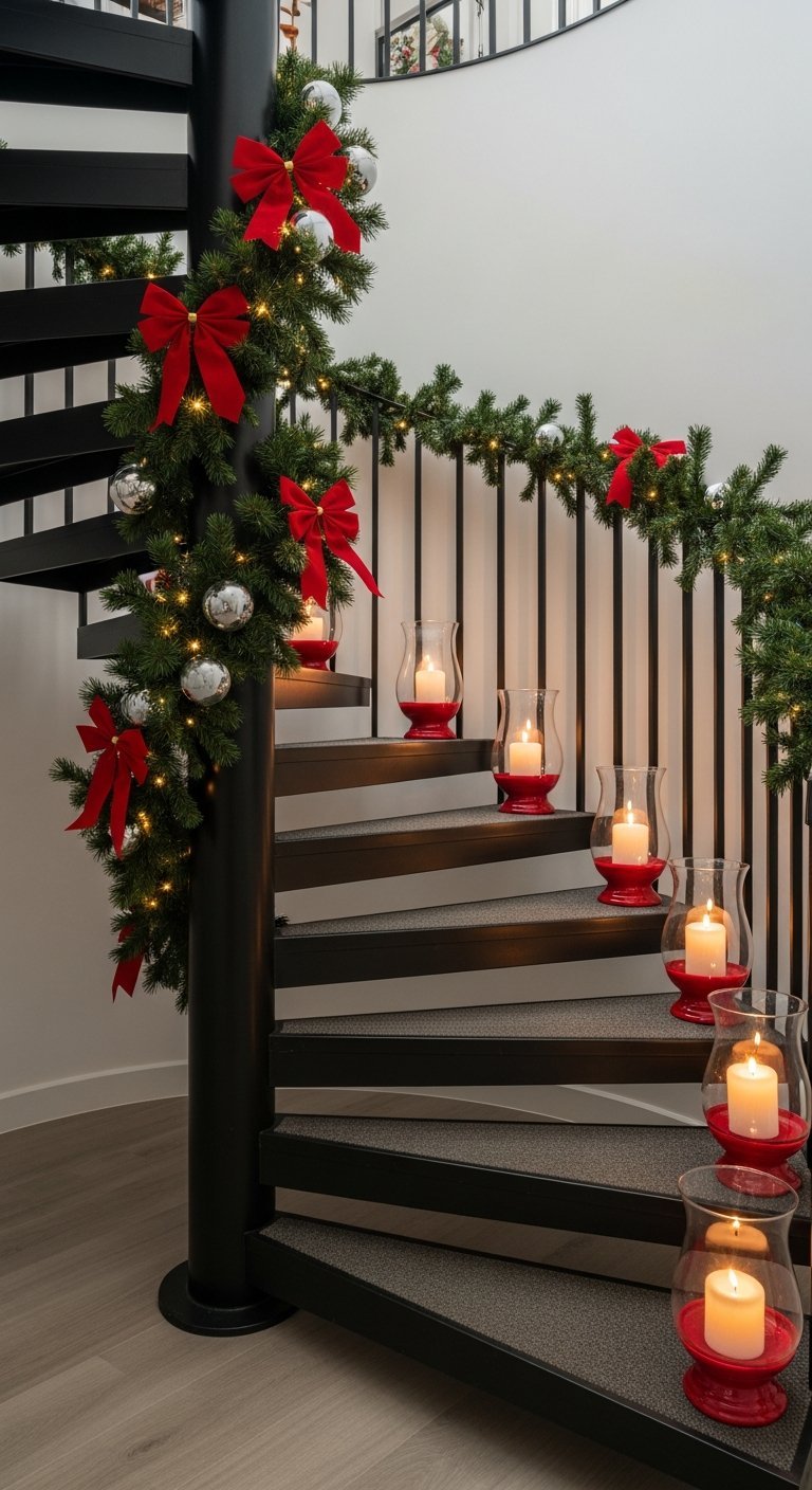 Décoration noël pour escalier en colimaçon avec nœuds rouges