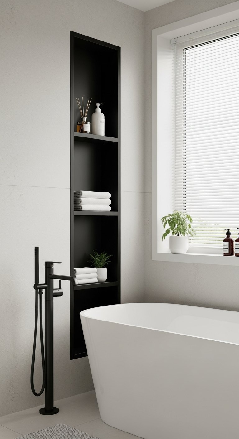 Grande niche verticale noire avec etageres a cote de la baignoire