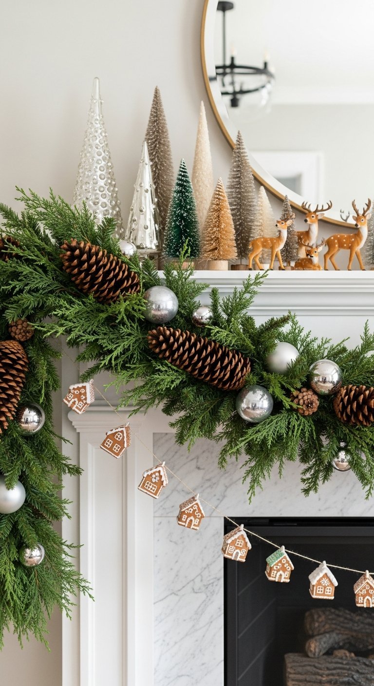 Guirlande de noel epaisse sur une cheminee en marbre avec des mini maisons