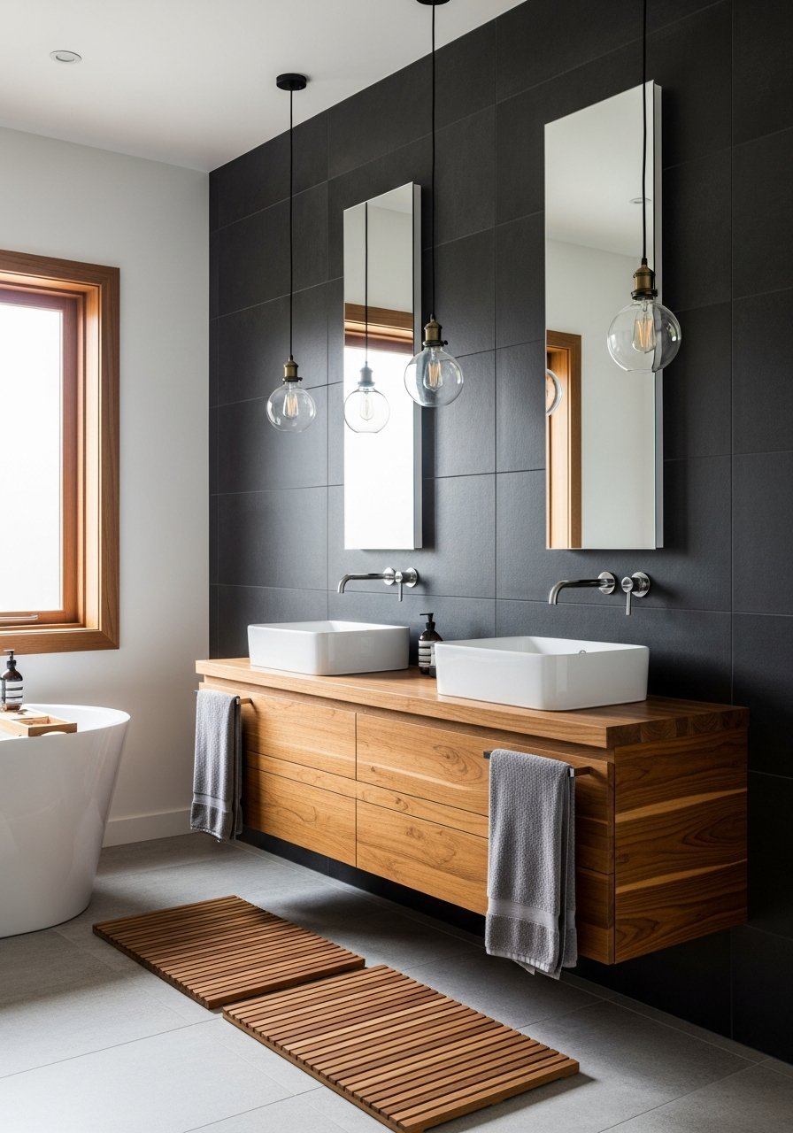 Marbre noir veine blanc meuble noyer