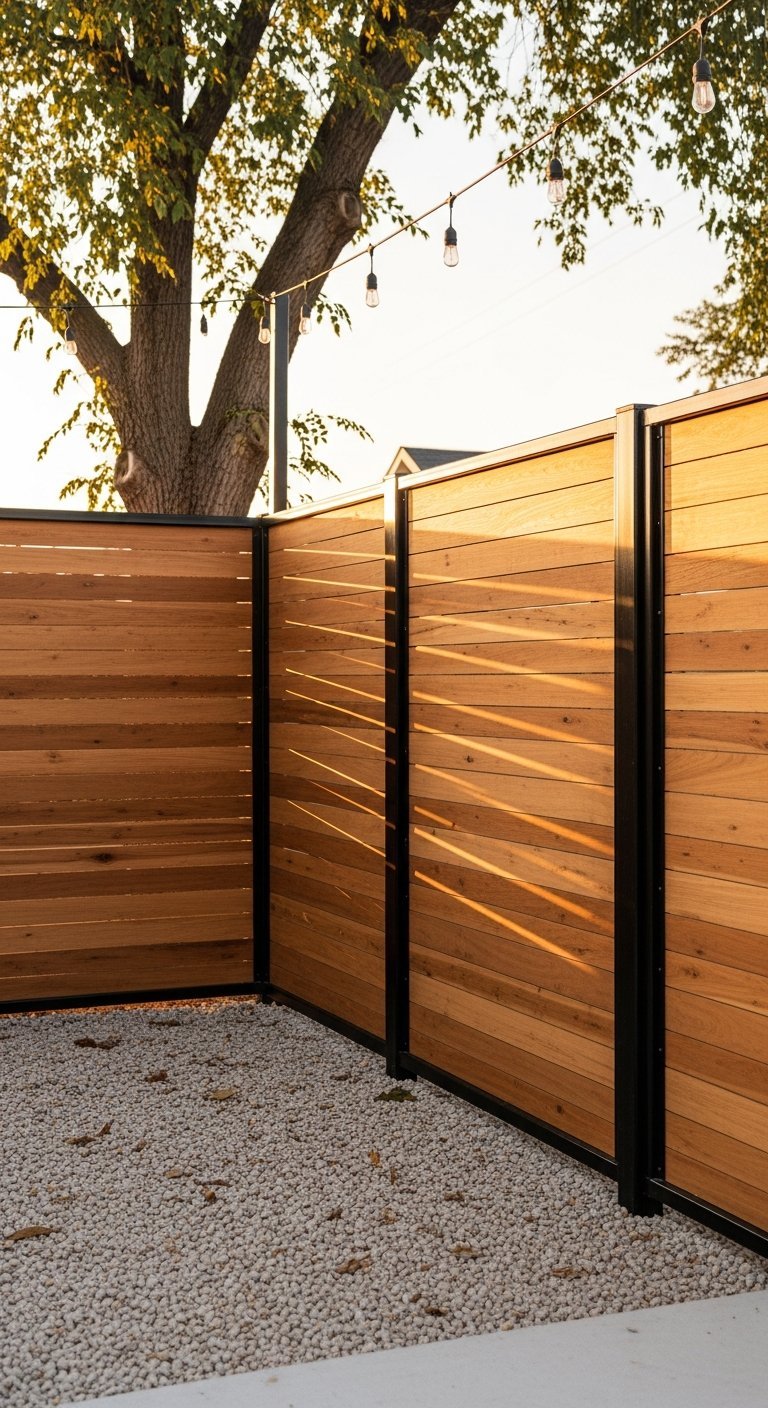 Palissade brise vue en bois horizontal avec poteaux en metal noir