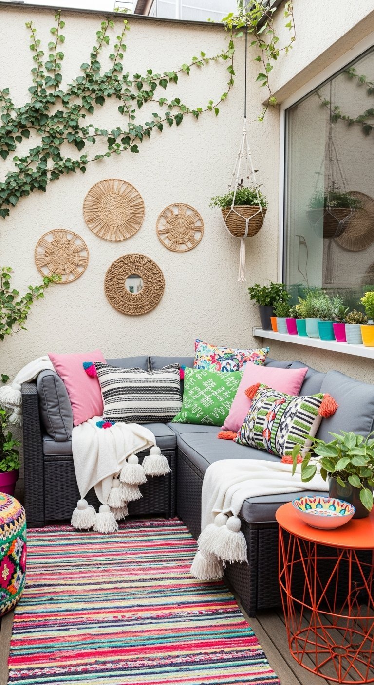 Petit balcon bohème avec canapé d angle tapis rayé coloré et nombreux coussins
