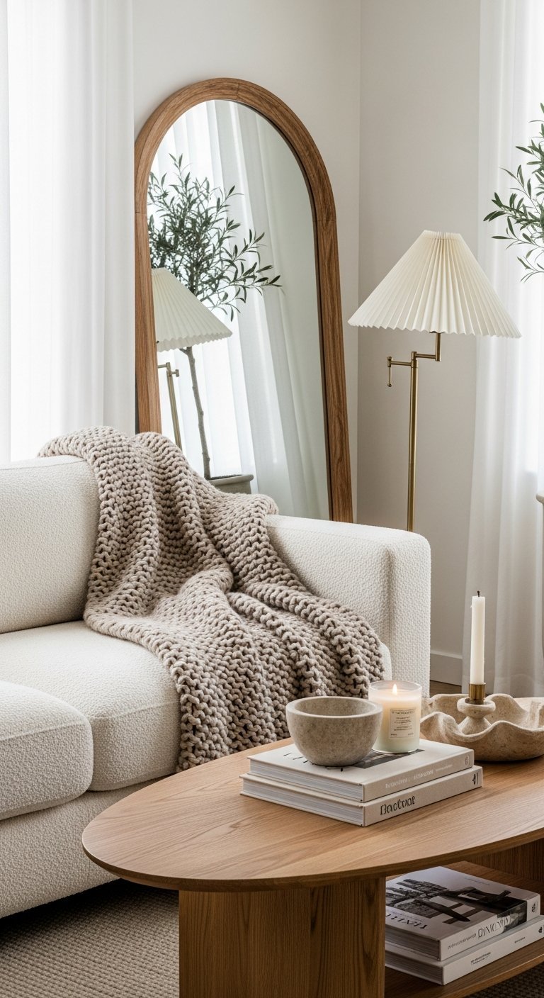 Plaid grosse maille sur canapé blanc avec miroir bois