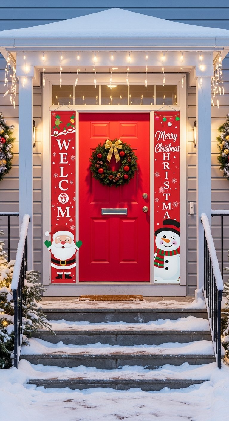 Porte d entrée rouge vif décorée de bannières festives de Noël et d une couronne
