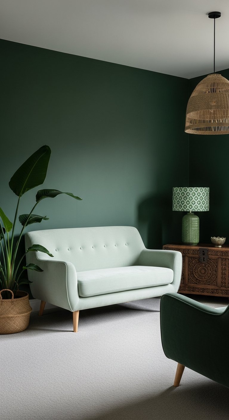 Salon minimaliste avec mur vert fonce et canape retro vert menthe pale