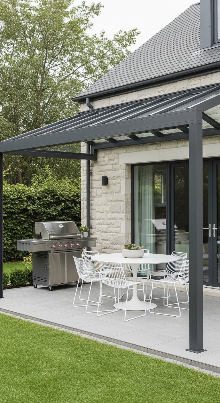Structure de véranda grise avec table à manger blanche et barbecue