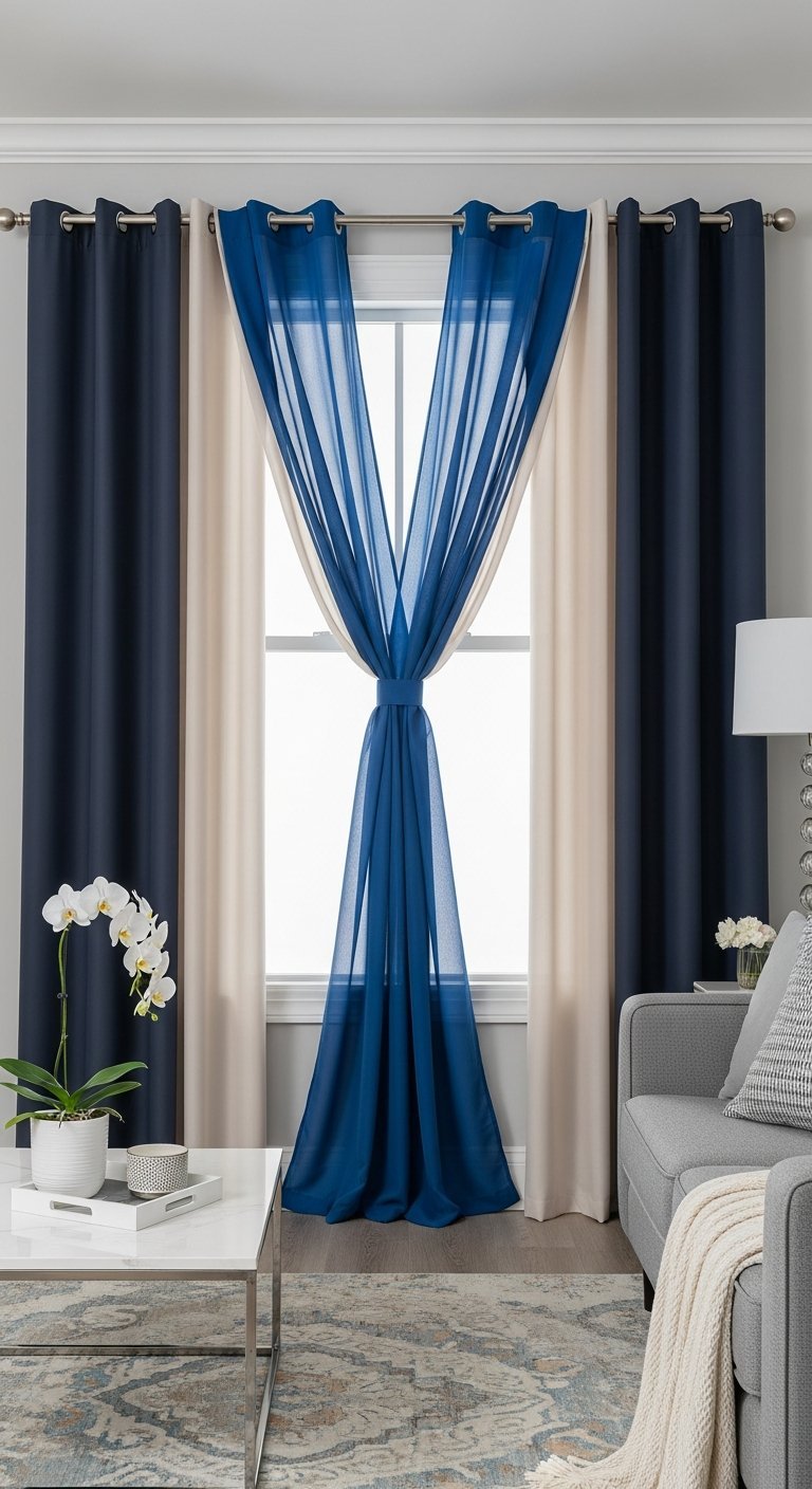Superposition de rideaux de salon bleu marine beige et voilage bleu noue