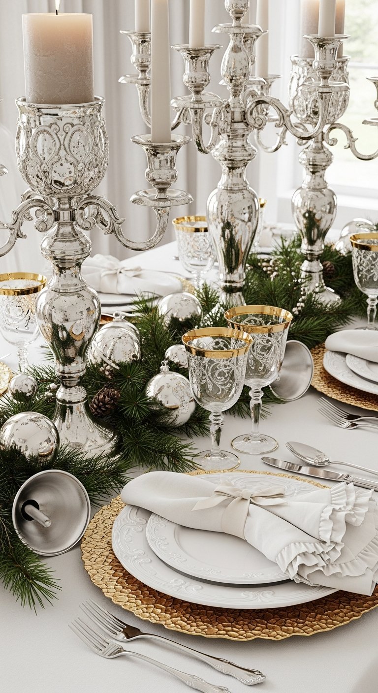 Table de Noel blanche melangeant or et argent avec chandeliers
