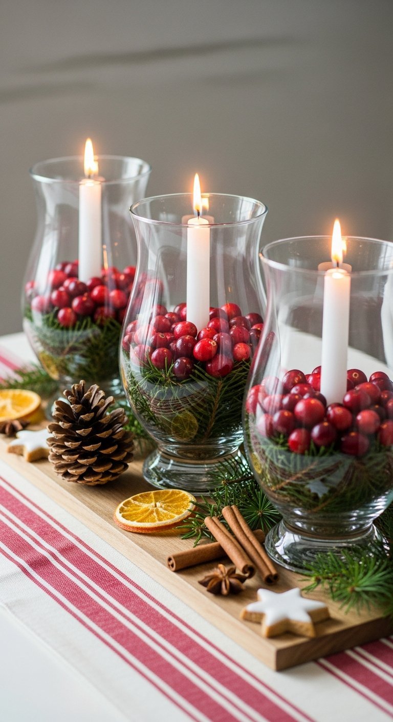 Vases en verre avec canneberges et bougies pour centre de table