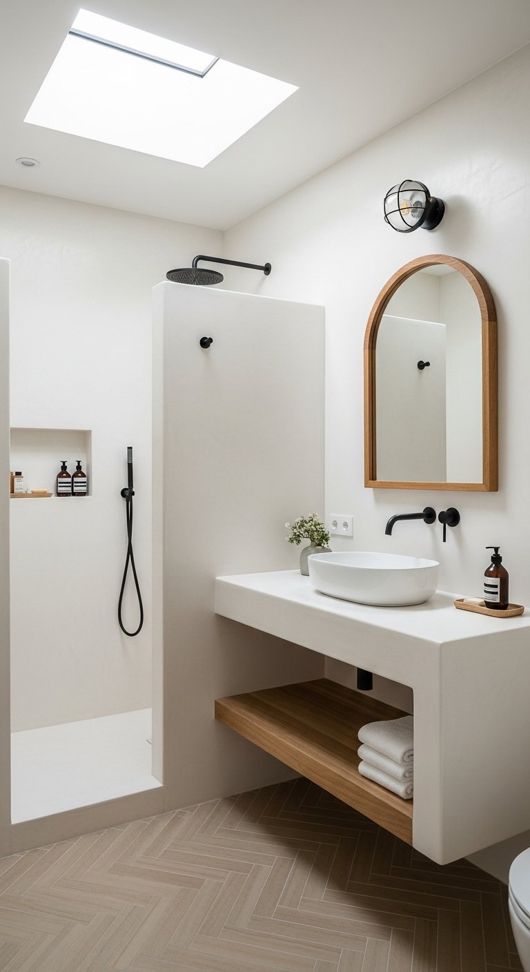 Vasque maconnee en beton cire blanc avec miroir en bois arche