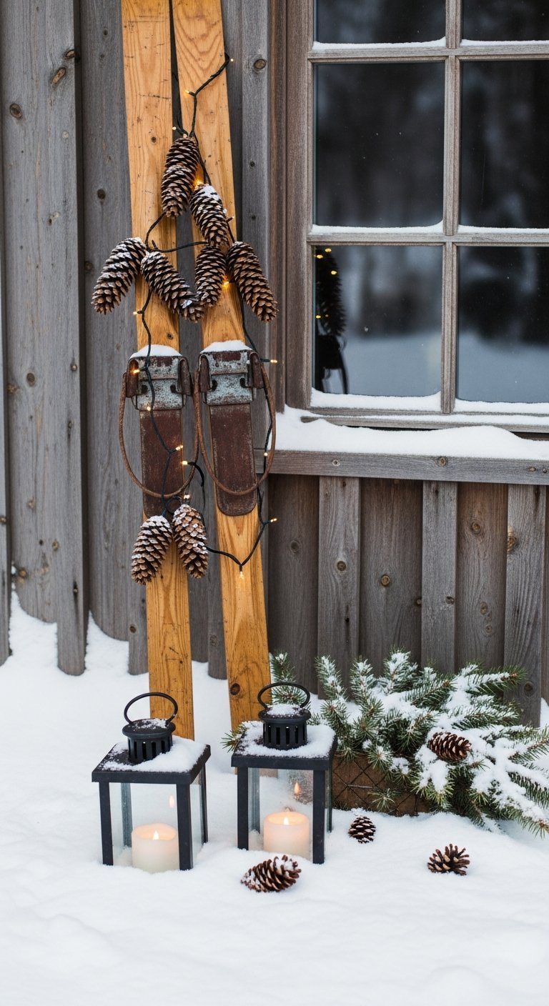 Vieux skis en bois décorés de pommes de pin et lanternes