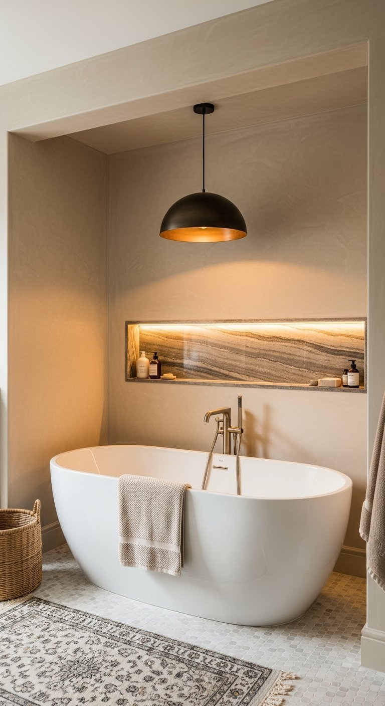 Baignoire ilot avec niche en pierre eclairee et murs en beton cire