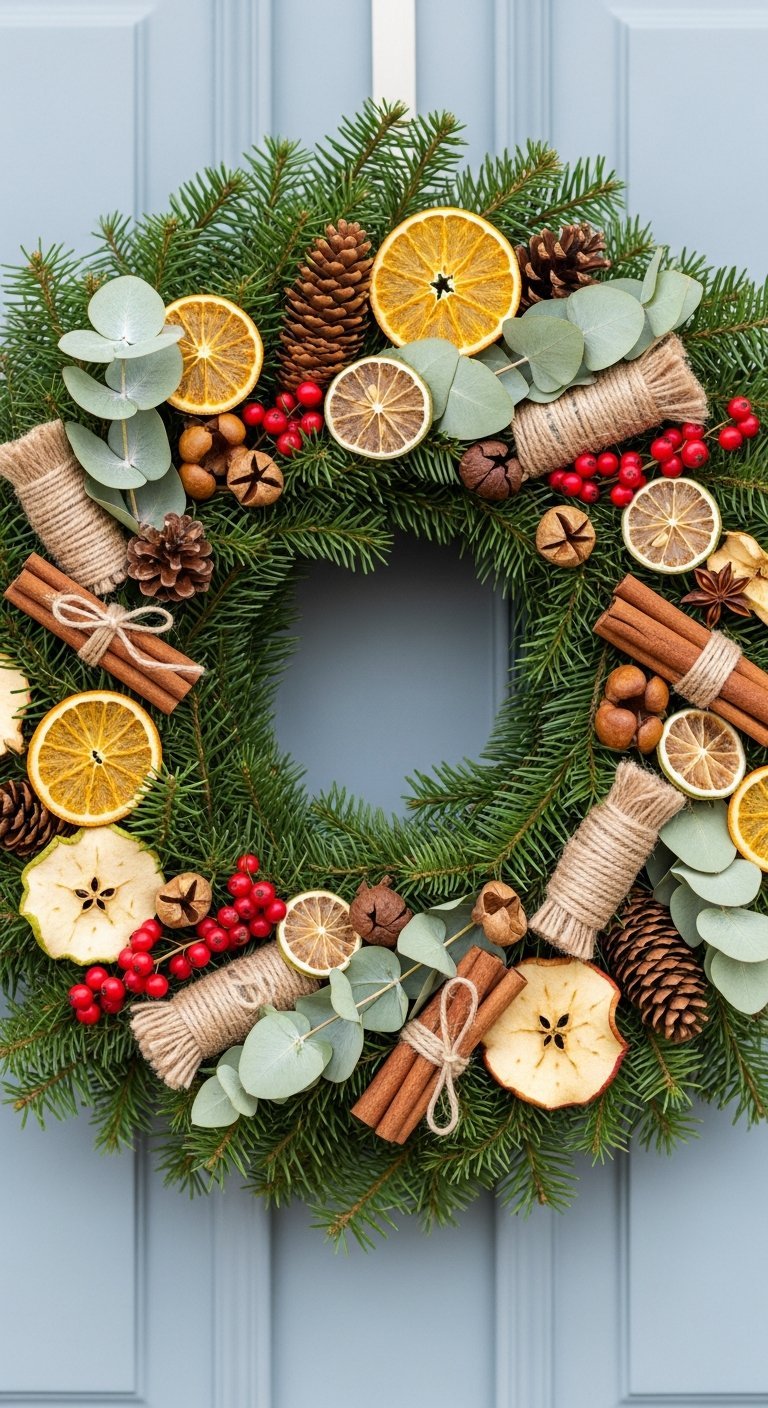 Bricolage de couronne de noel naturelle avec oranges sechees batons de cannelle et pommes de pin