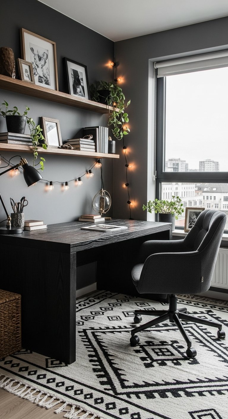 Bureau de travail à la maison industriel mur gris et guirlande