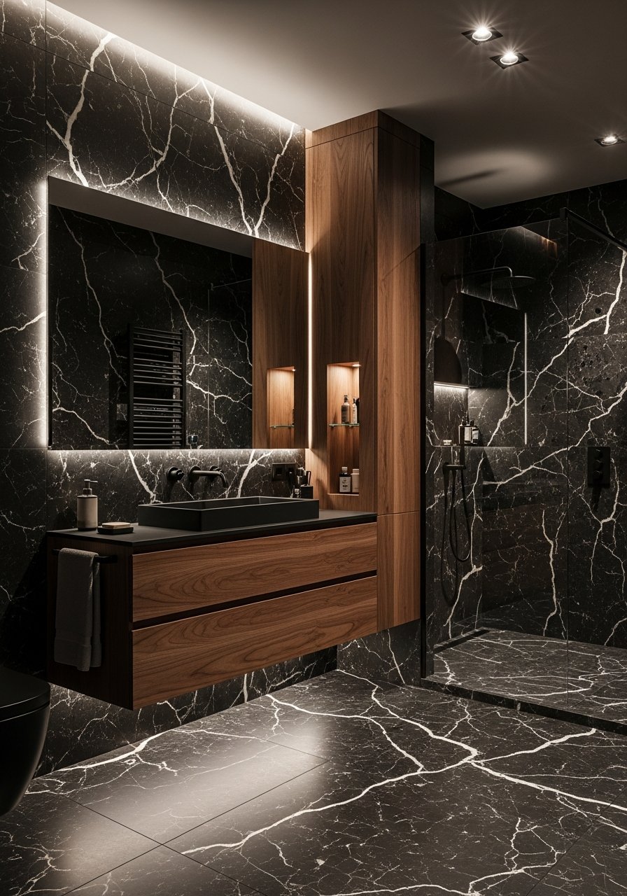 Carrelage noir brillant luminaires grappe