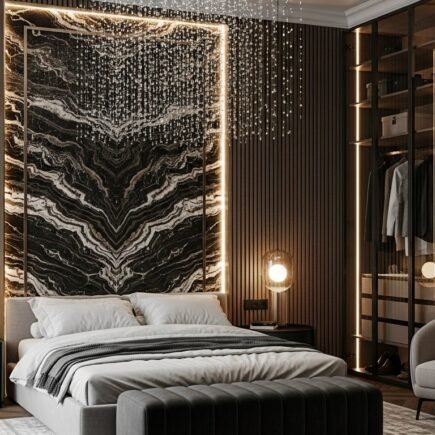 Chambre luxe avec tete de lit en marbre noir et lustre pluie de lumiere
