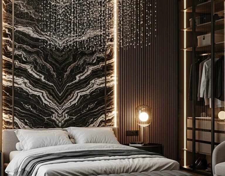 Chambre luxe avec tete de lit en marbre noir et lustre pluie de lumiere