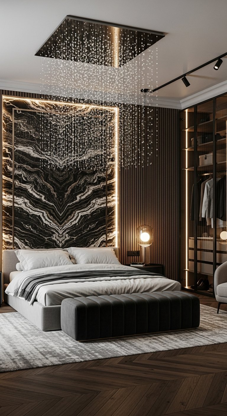 Chambre luxe avec tete de lit en marbre noir et lustre pluie de lumiere