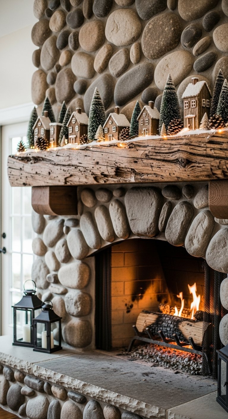 Cheminee en pierres de riviere avec poutre en bois brut et village miniature