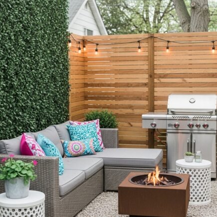 Coin terrasse intime avec brise vue en bois et haie artificielle