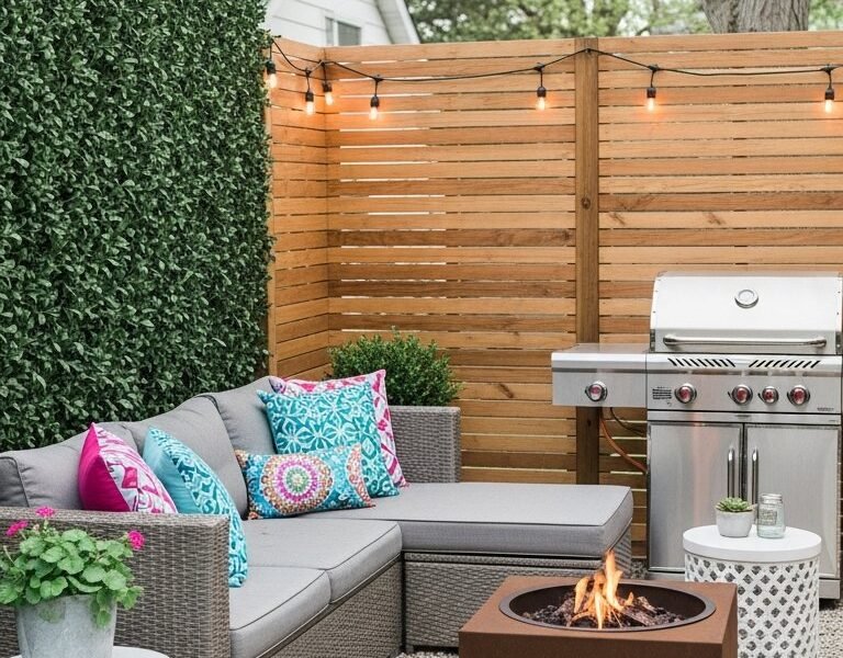 Coin terrasse intime avec brise vue en bois et haie artificielle