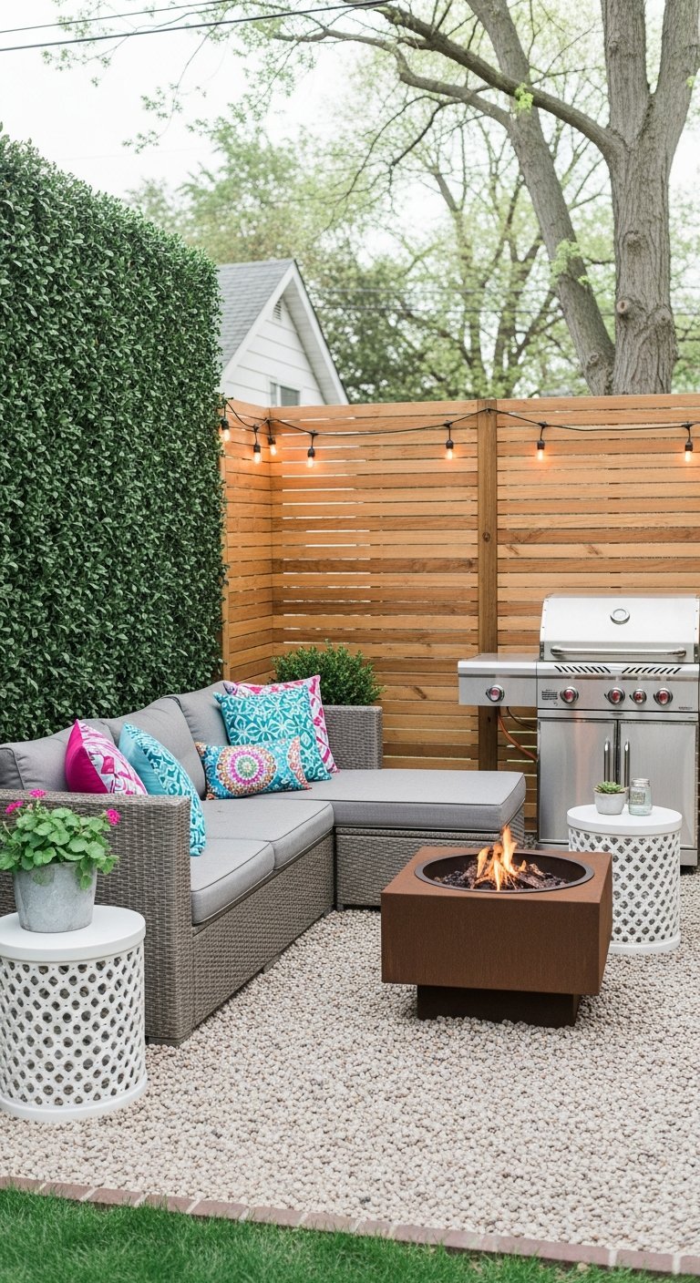 Coin terrasse intime avec brise vue en bois et haie artificielle