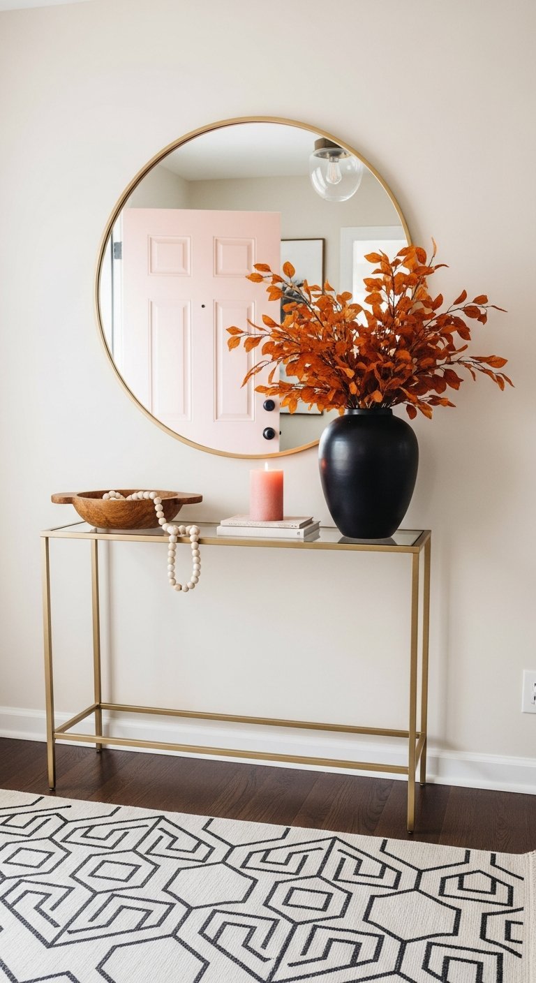 Console en metal dore et verre avec miroir rond et vase noir