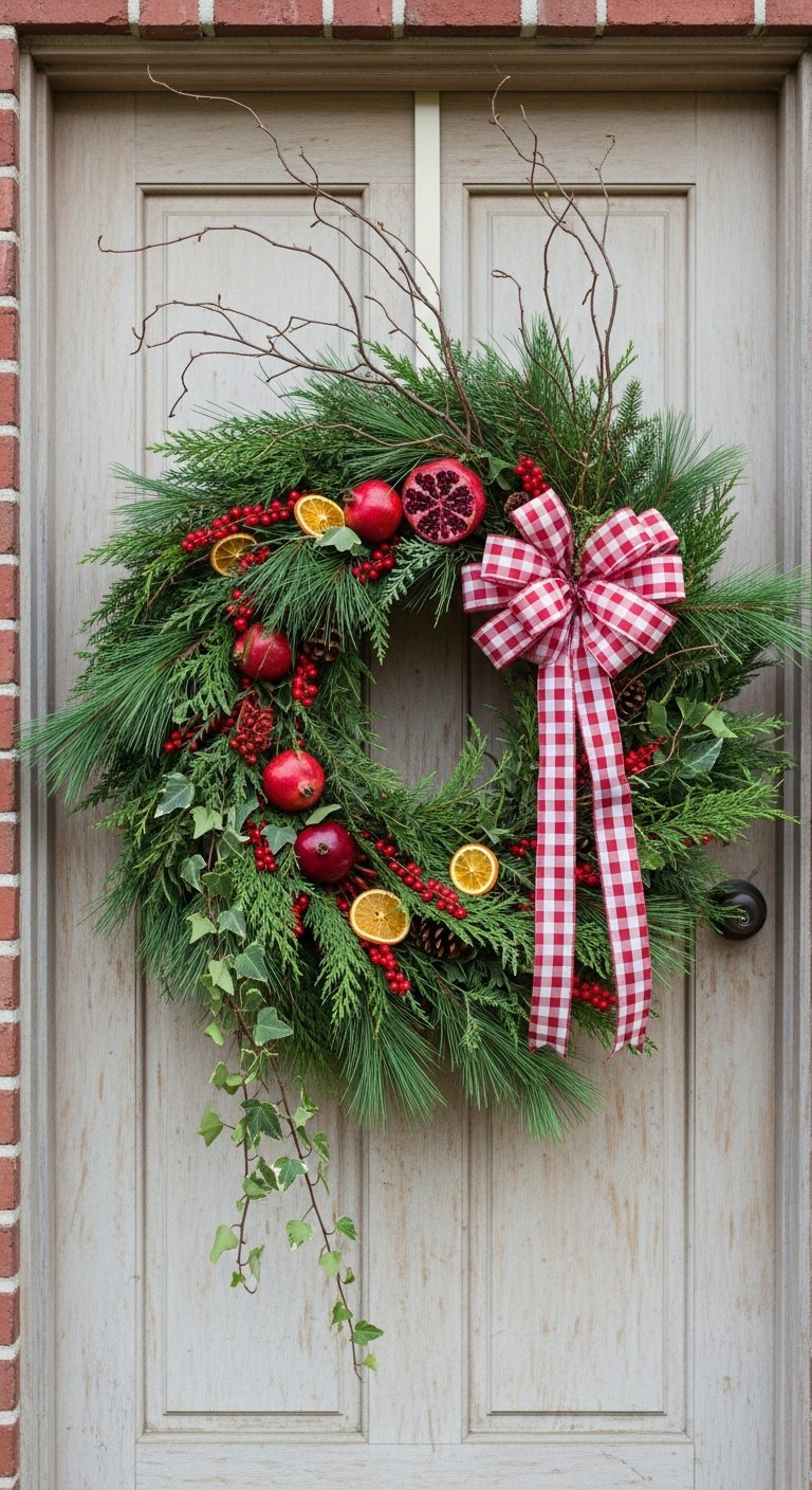 Couronne de Noel moderne avec grenades tranches d oranges et noeud vichy rouge et blanc