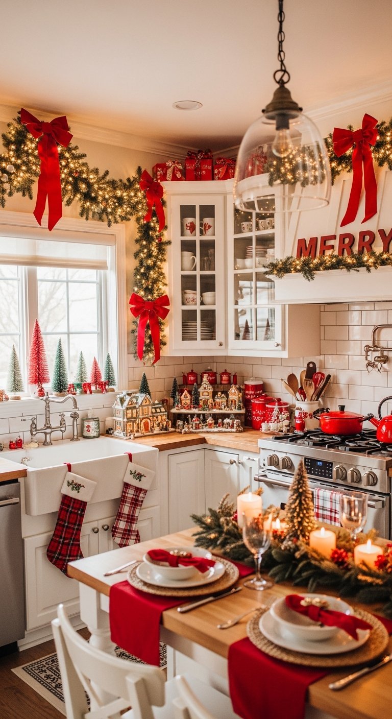 Cuisine blanche décorée pour Noel avec guirlandes et nœuds rouges