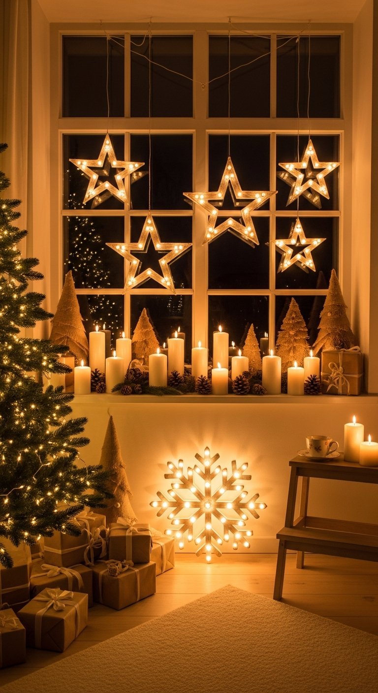 Déco fenêtre Noël avec étoiles lumineuses suspendues et bougies