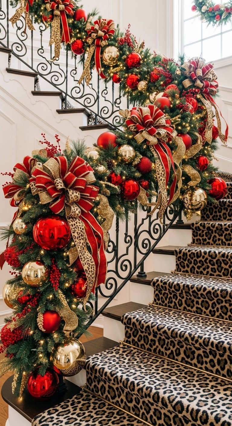Décoration escalier noël maximaliste avec ruban léopard et boules rouges