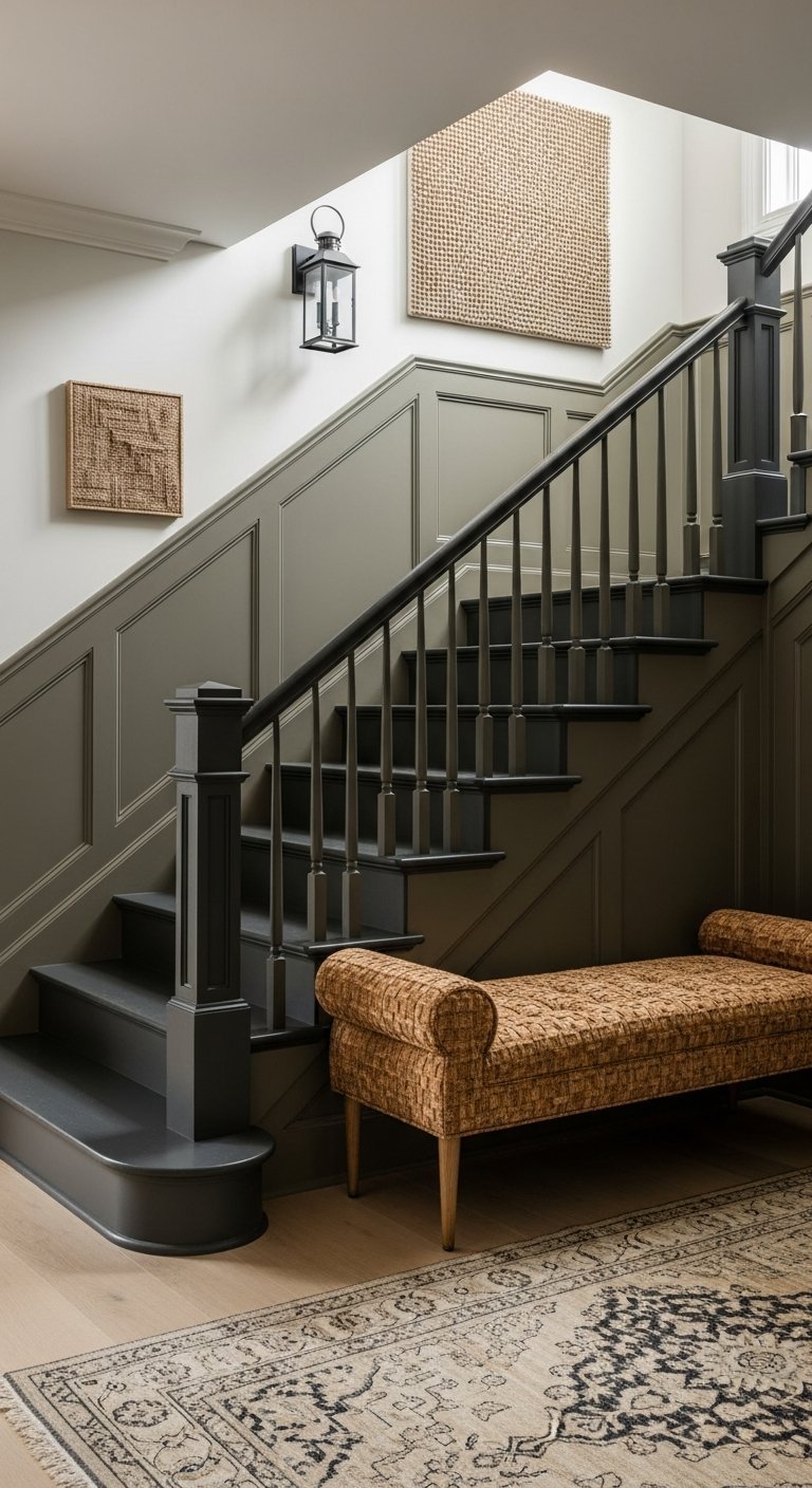 Escalier et lambris peints en gris olive foncé monochrome avec banc en tissu