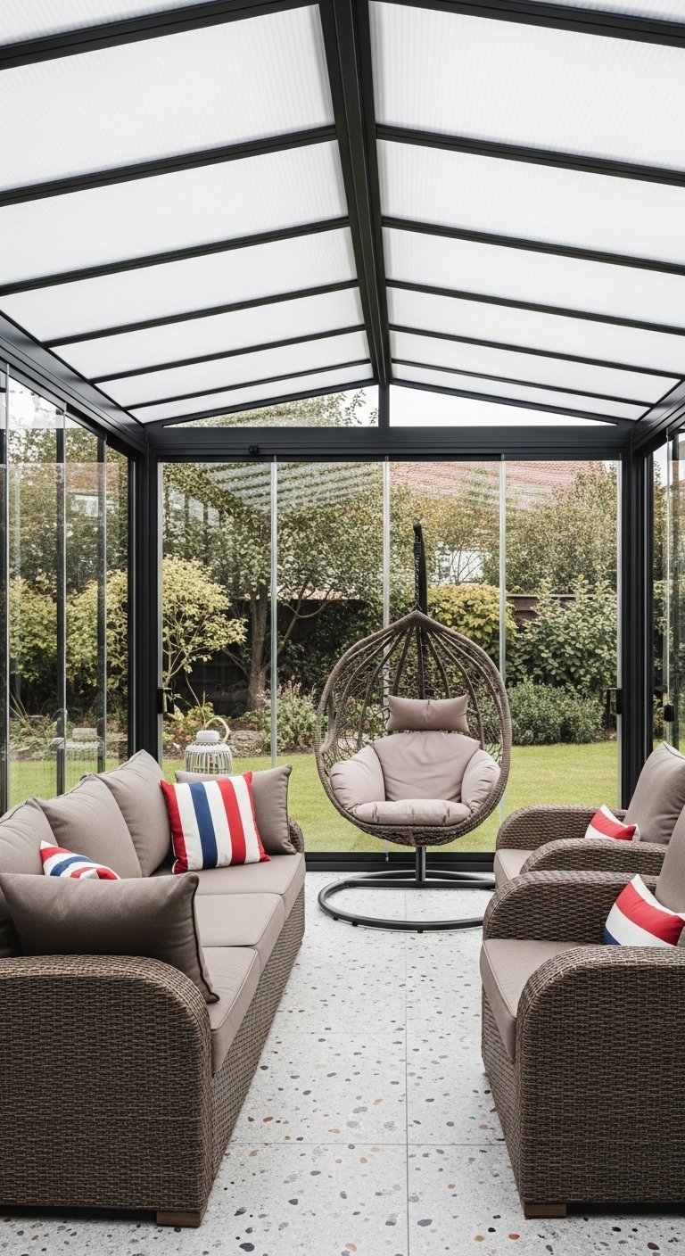 Intérieur de véranda avec mobilier en résine tressée et fauteuil suspendu