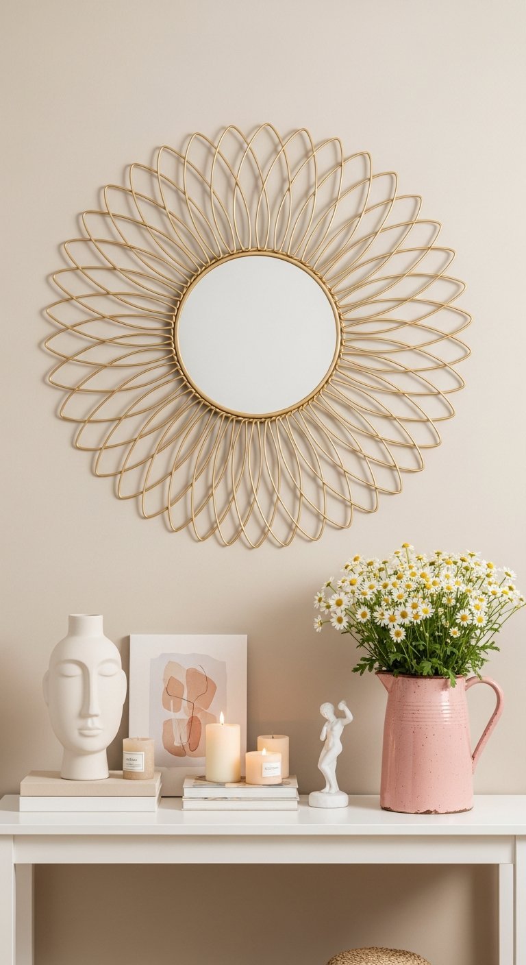 Miroir soleil en métal doré au dessus d une console blanche avec des marguerites