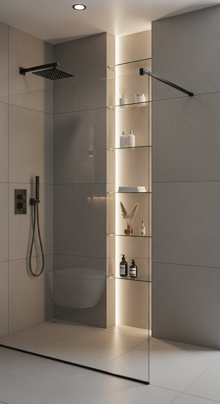 Niche de douche verticale avec retroeclairage et etageres en verre