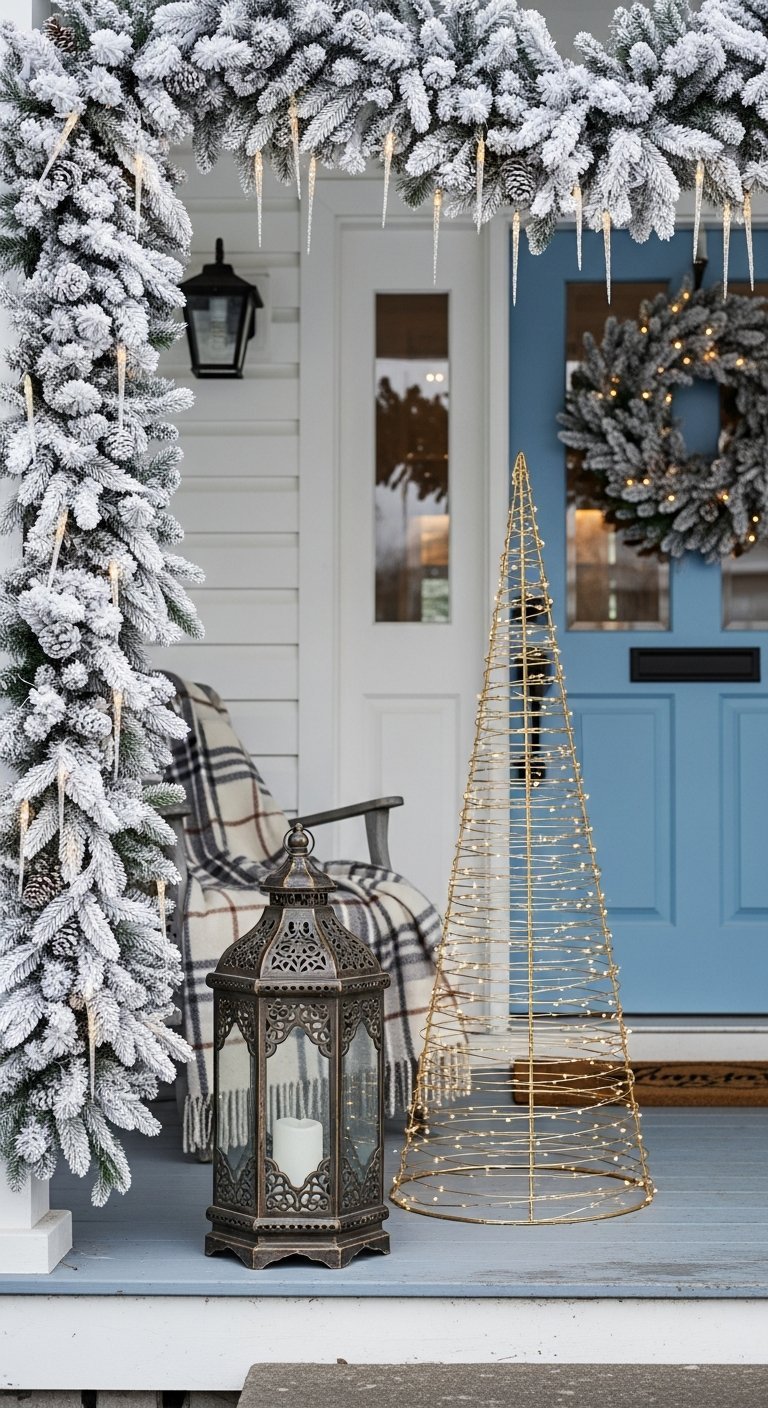 Porche bleu avec guirlande floquée et décorations de glace