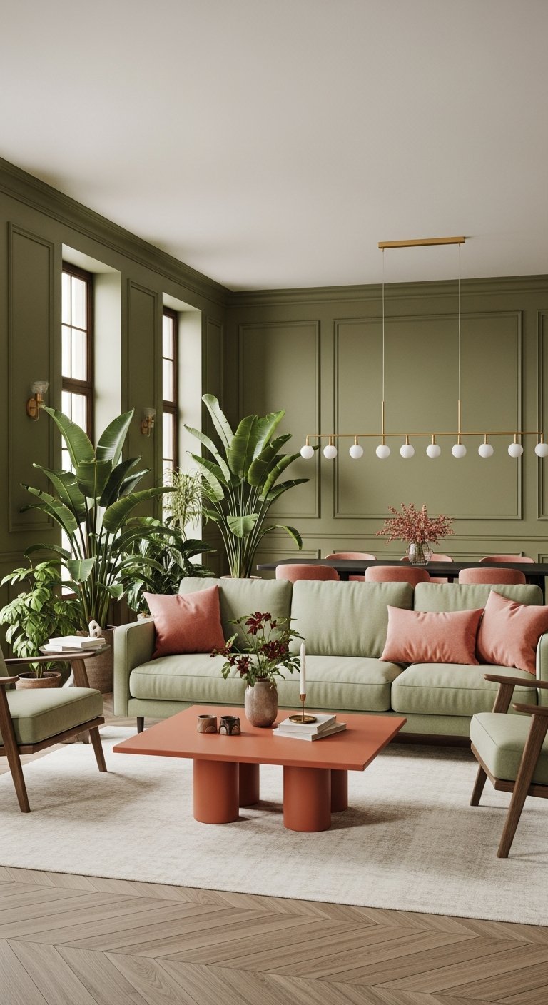 Salon avec murs vert olive canape vert clair et touches de couleur terre cuite