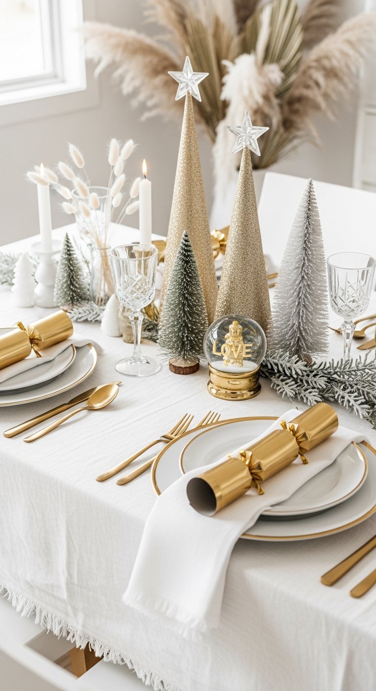Table de Noel blanche et doree avec mini sapins et herbes de la pampa