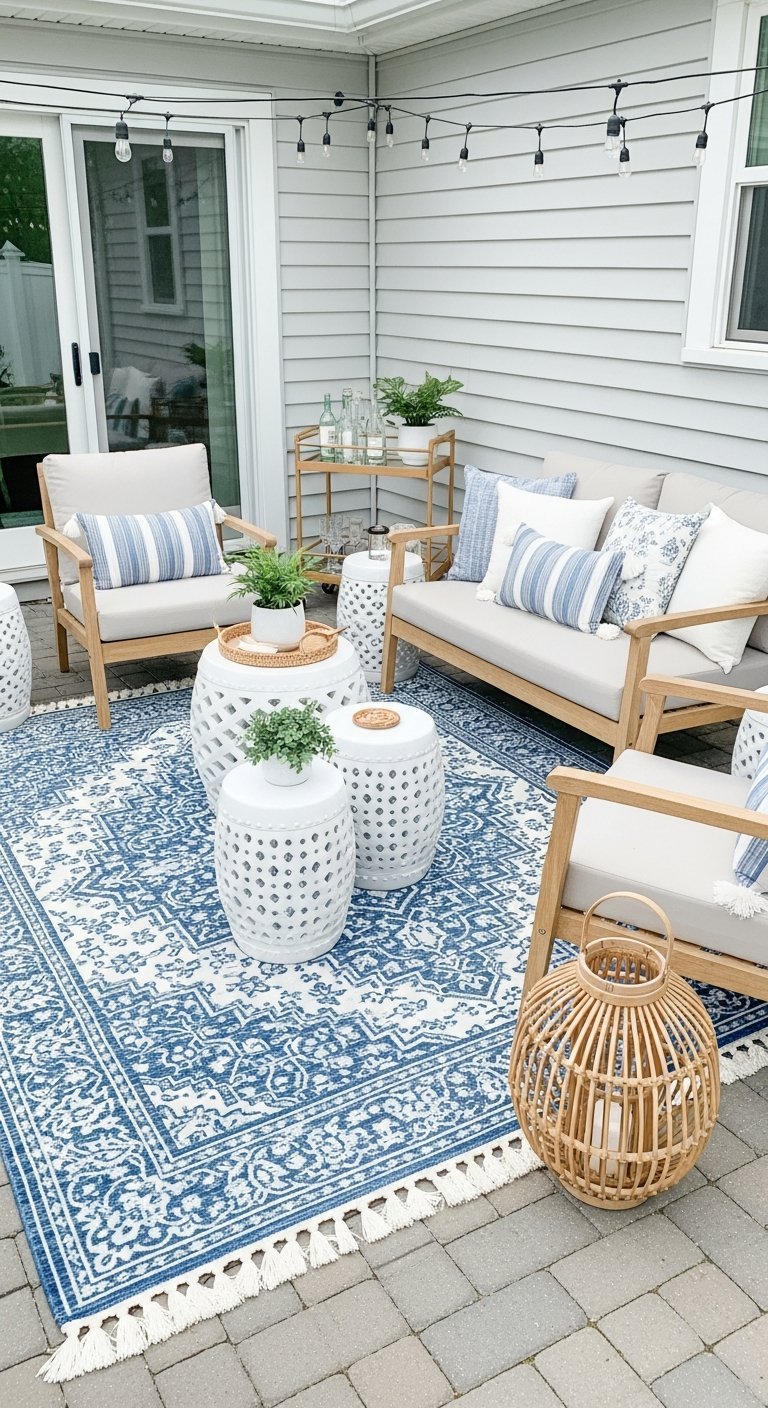 Terrasse style côtier avec mobilier en bois tapis bleu et blanc à motifs