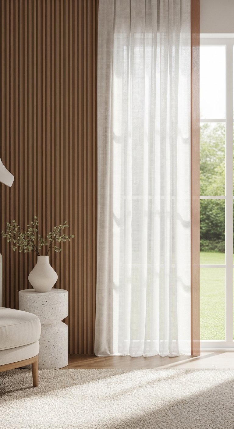 Voilage de salon blanc et fin devant un mur en tasseaux de bois