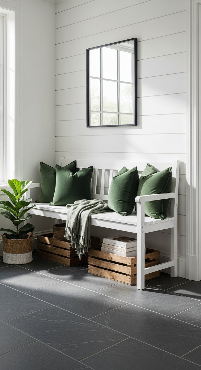 banc blanc coussins verts