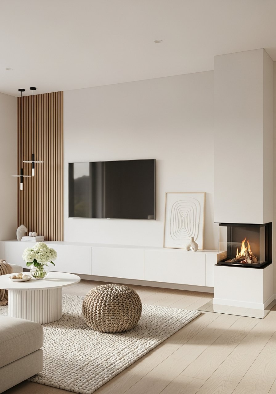 cheminee moderne salon japandi