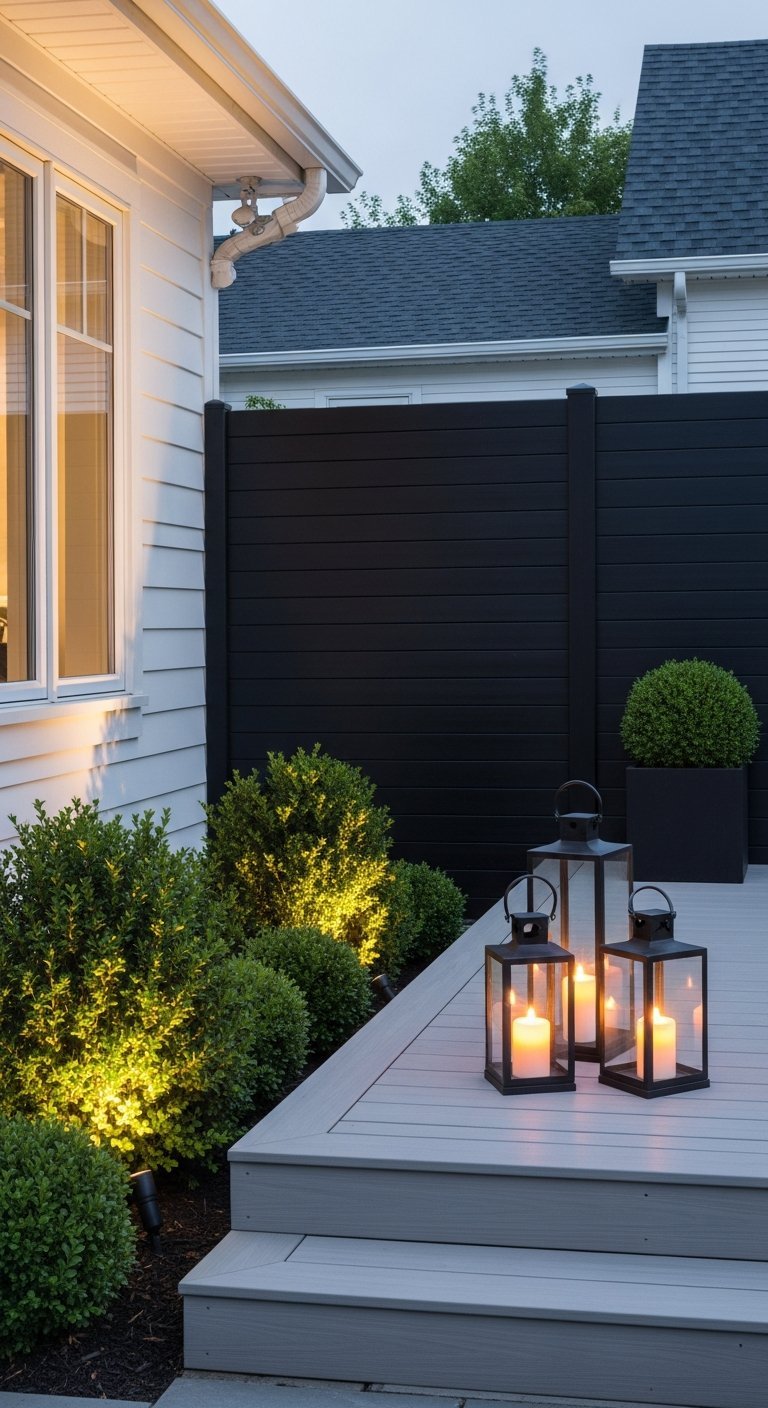 Brise vue terrasse noir et moderne eclaire par des lanternes la nuit