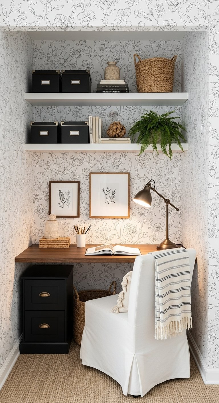 Bureau de travail à la maison niche papier peint fleurs noir blanc