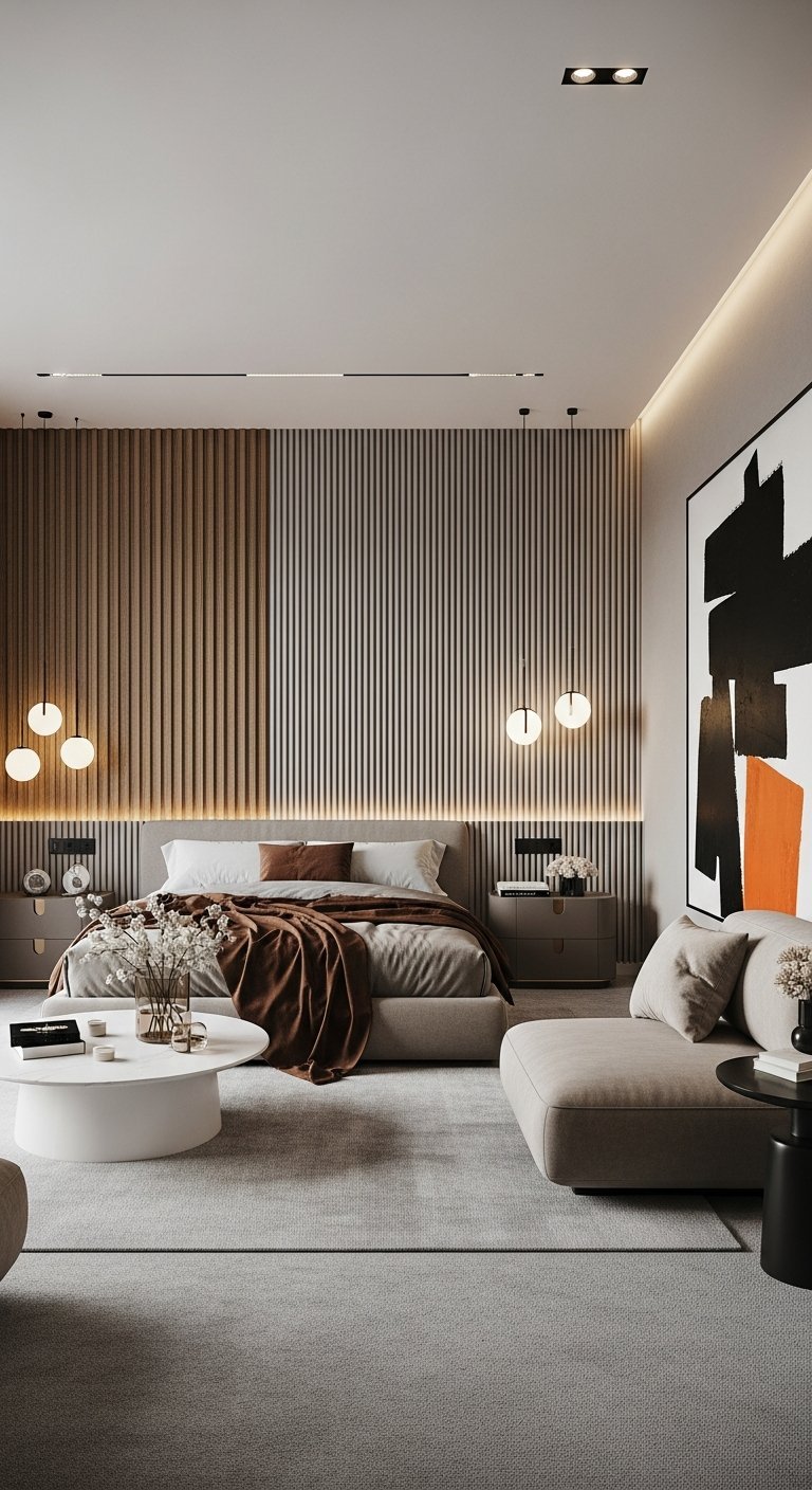 Chambre a coucher luxe minimaliste avec mur de tasseaux en bois et art abstrait