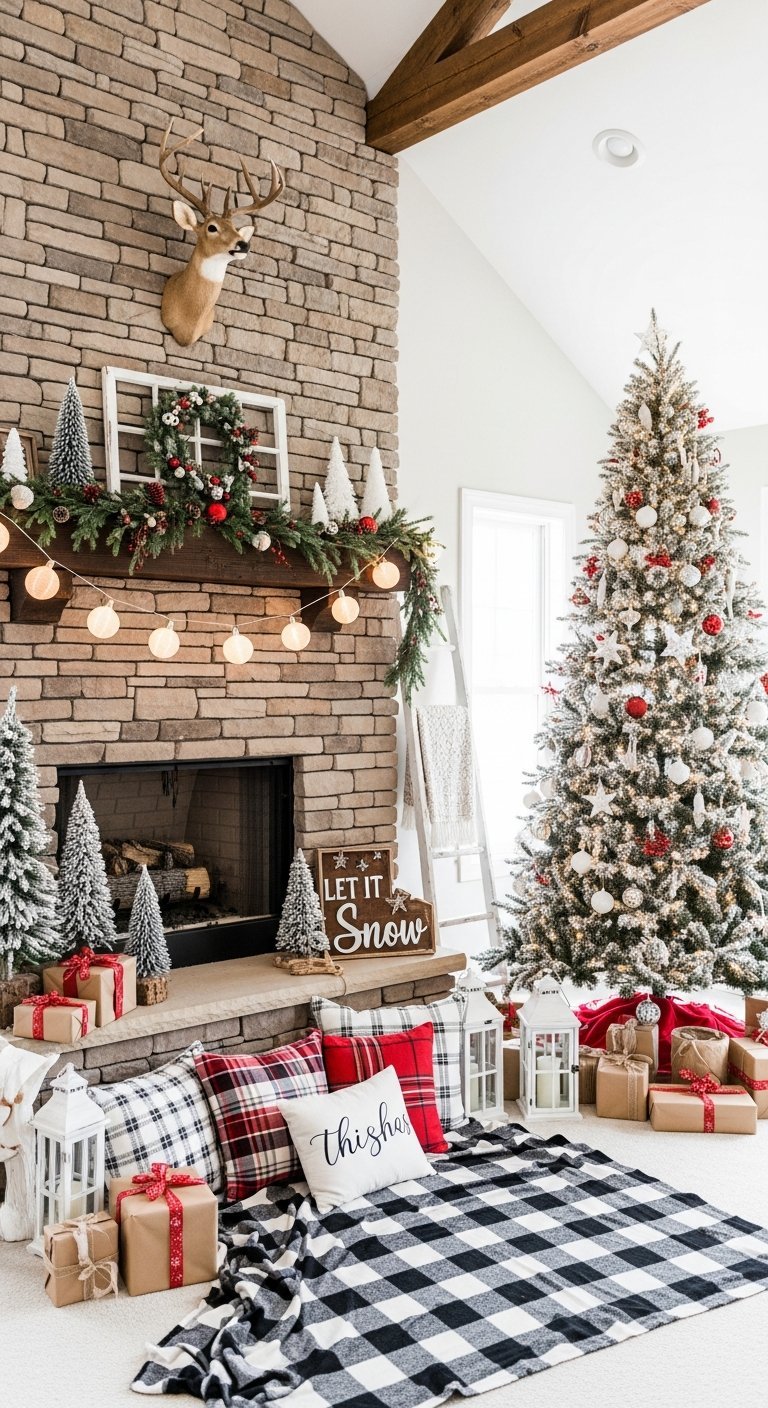 Cheminee en pierre avec coussins a carreaux et panneau Let it Snow