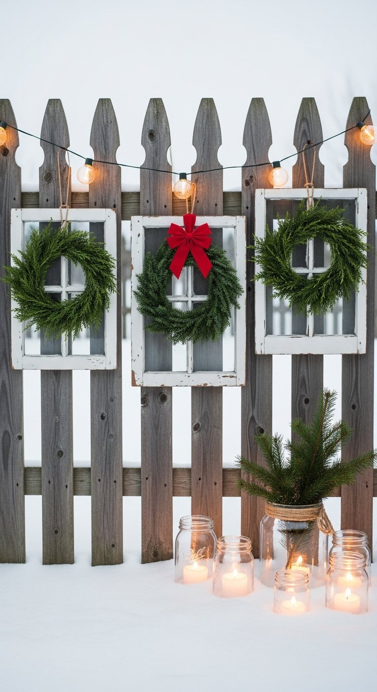 Clôture décorée de vieilles fenêtres et couronnes