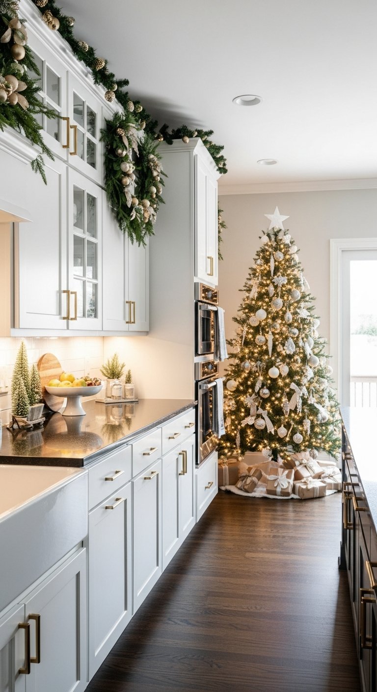 Cuisine blanche moderne avec sapin de Noel décoré en blanc et or